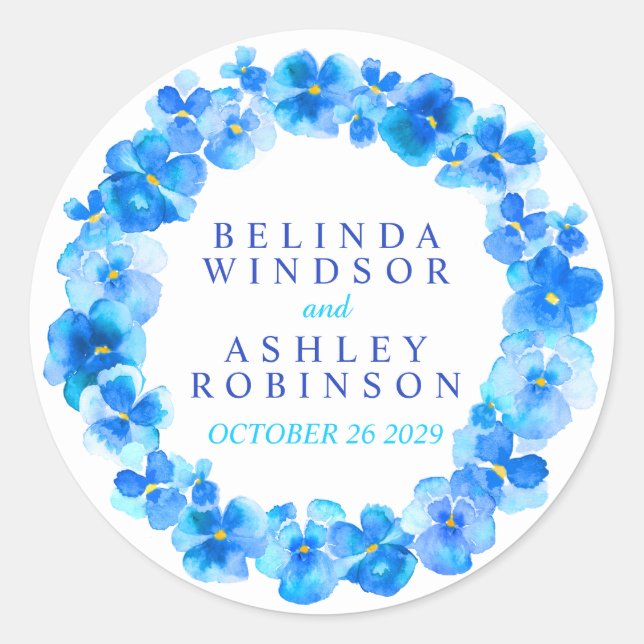 Blue pansy wreath personalized watercolor stickers (Front)