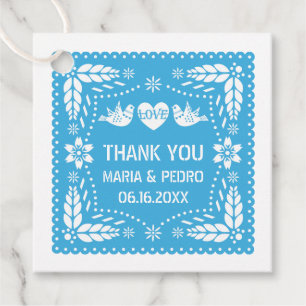 Blue papel picado love birds wedding fiesta favour tags
