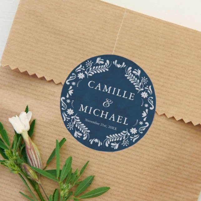 Blue Papel Picado Wedding Favour Classic Round Sticker (Blue Papel Picado Wedding Favor Sticker)