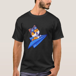 Blue Paper Plane Flying Happy Cute Dog With Pilot  T-Shirt