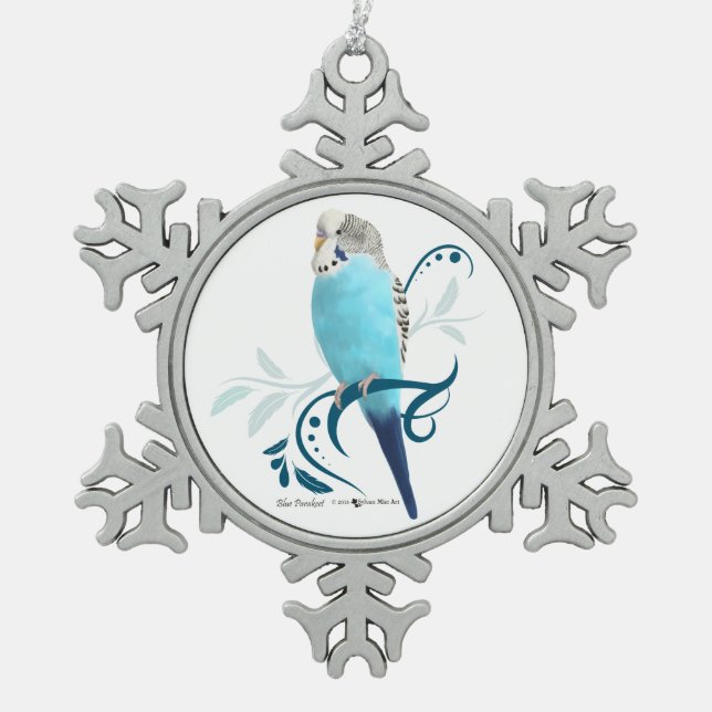 Blue Parakeet Snowflake Pewter Christmas Ornament (Front)