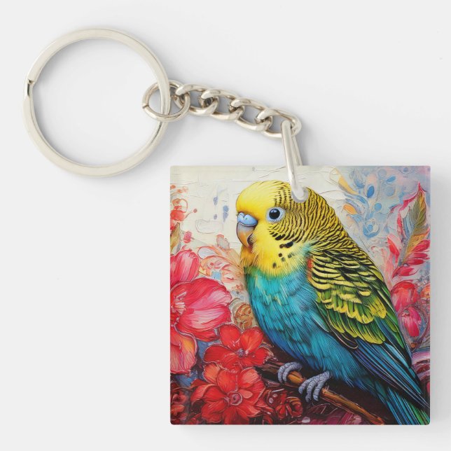 Blue Parakeet with Flowers Keychain (Front)