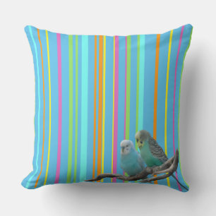 Blue Parakeets Stripes Motif Cust. Coussin décorat