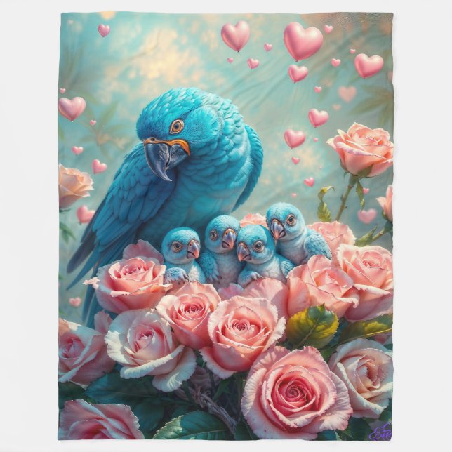 Blue Parrot and Babies Fleece Blanket (Front)
