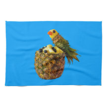Blue parrot kitchen towel.