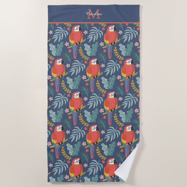 Blue Parrot Land Tropical Pattern Monogram Beach Towel (Front)