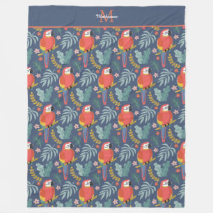 Blue Parrot Land Tropical Pattern Monogram Fleece Blanket