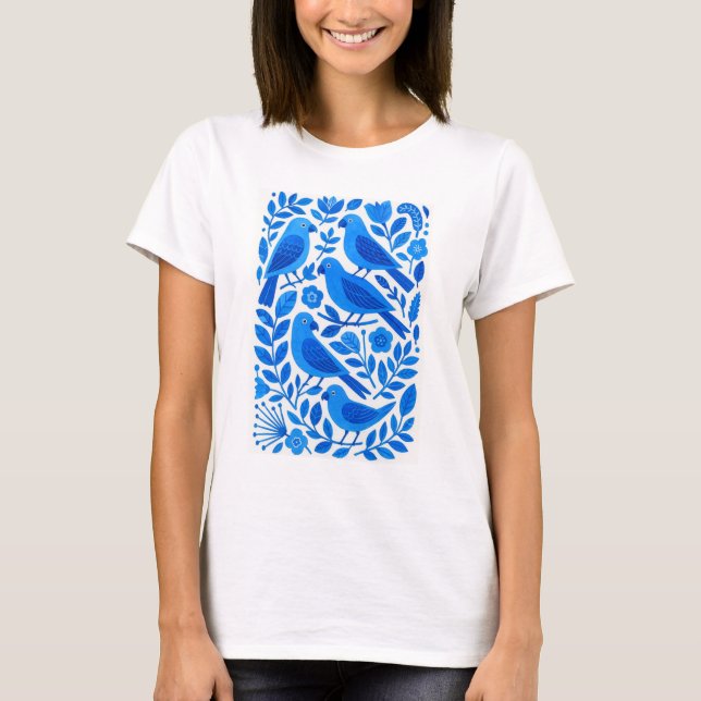 Blue Parrots and Foliage T-Shirt (Front)