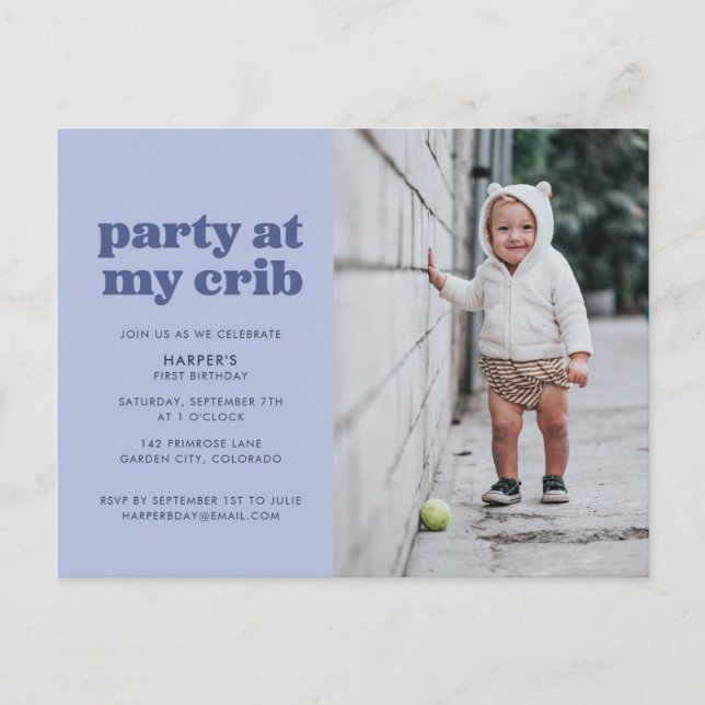 Blue Party at My Crib 1st Birthday Party Postcard (Front)