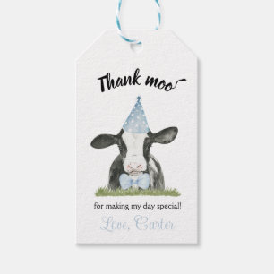 Blue Party hat cow with Cow Print Birthday favour  Gift Tags