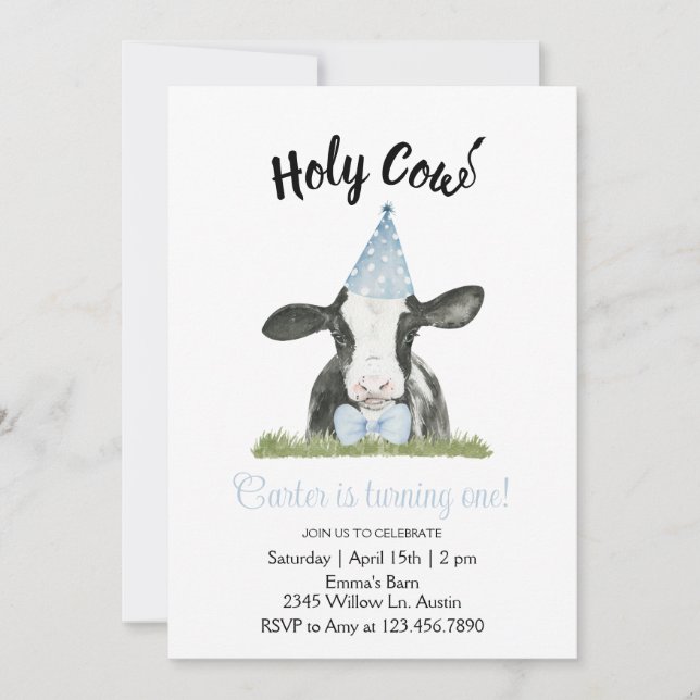 Blue Party hat cow with Cow Print Invitation  (Front)