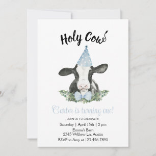 Blue Party hat cow with Cow Print Invitation
