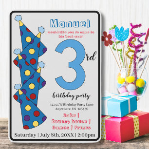 Blue Party Hats 3rd Birthday Party Kids Invitation