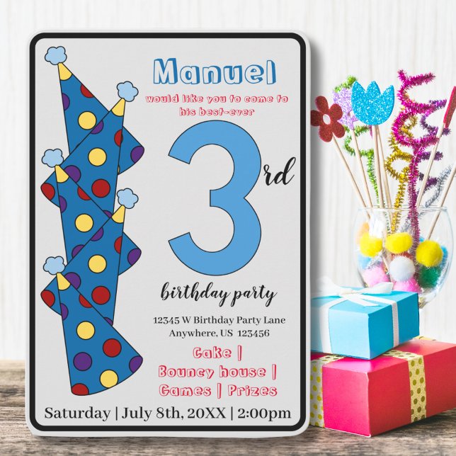 Blue Party Hats 3rd Birthday Party Kids Invitation (Creator Uploaded)