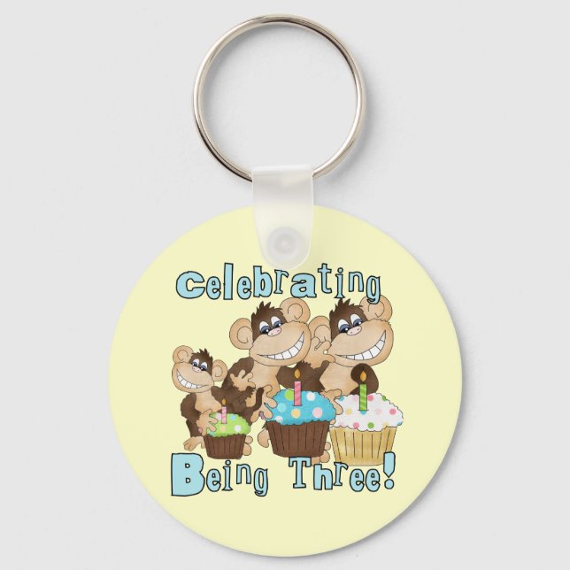 Blue Party Monkeys 3rd Birthday T-shirts and Gifts Keychain (Front)
