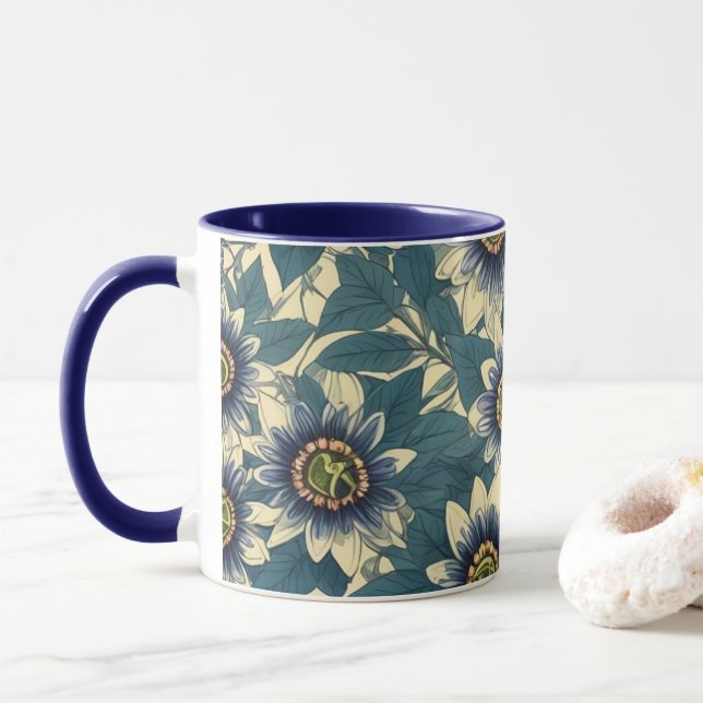 Blue Passion Flower pattern Mug (With Donut)