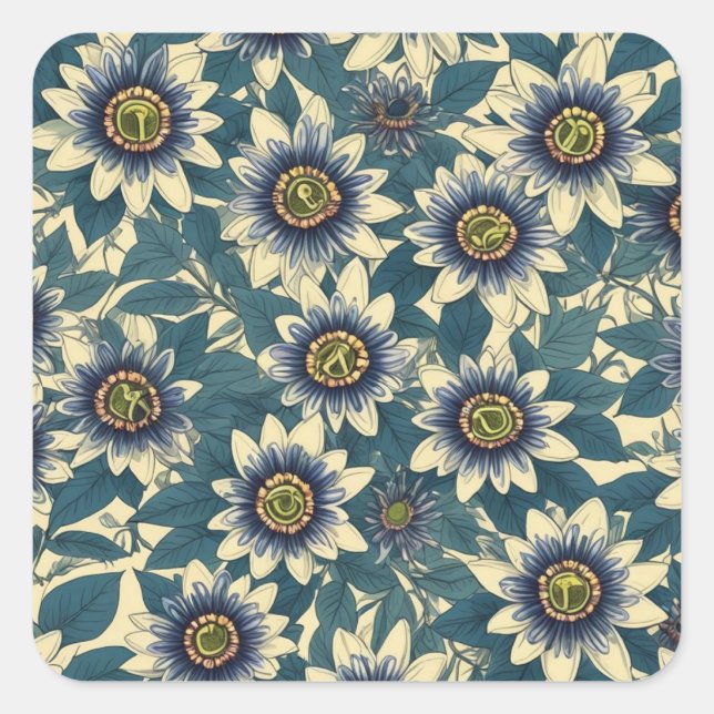 Blue Passion Flower pattern Square Sticker (Front)