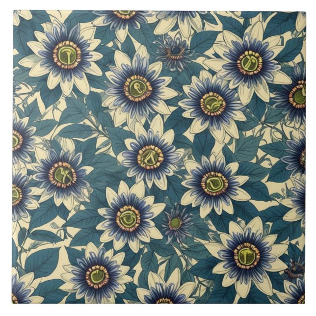 Blue Passion Flower pattern Tile (Front)