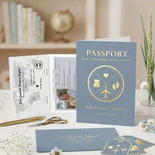 Blue Passport Travel Boy Baby Shower  Foil Greeting Card