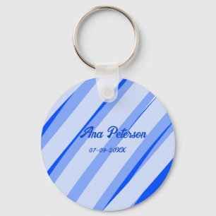 Blue pastel add name date boho retro lines pattern keychain