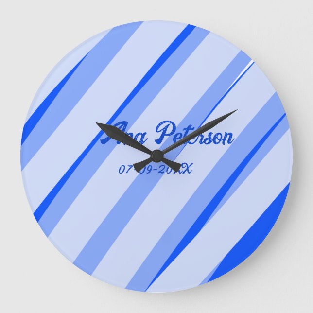 Blue pastel add name date boho retro lines pattern large clock (Front)