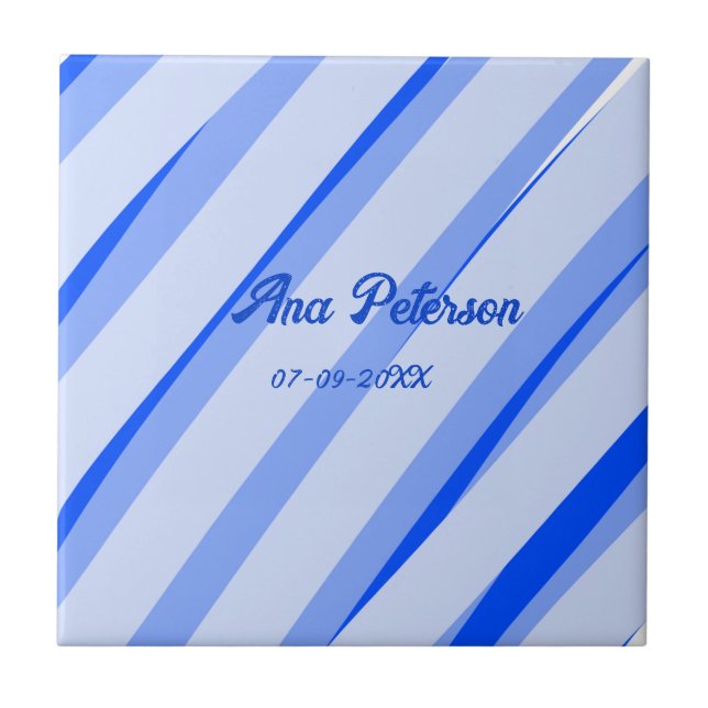 Blue pastel add name date boho retro lines pattern tile (Front)