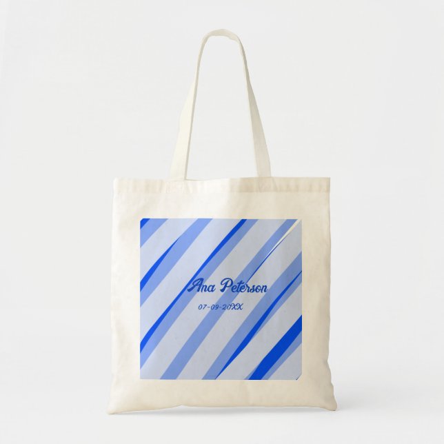 Blue pastel add name date boho retro lines pattern tote bag (Front)