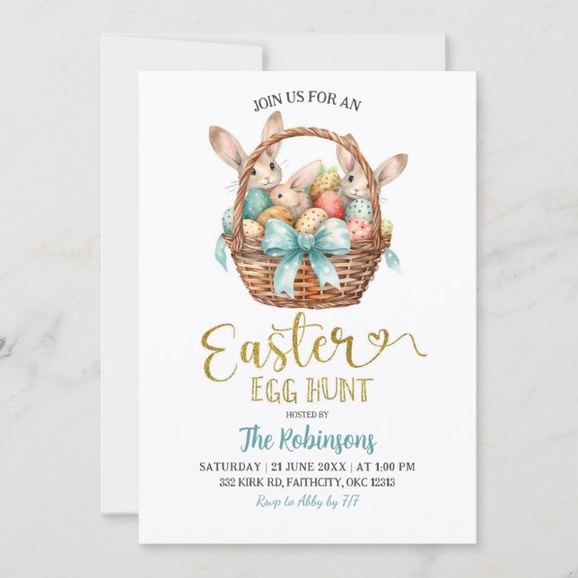 Blue Pastel Bow Bunny Basket Easter Egg Hunt Party Invitation (Front)