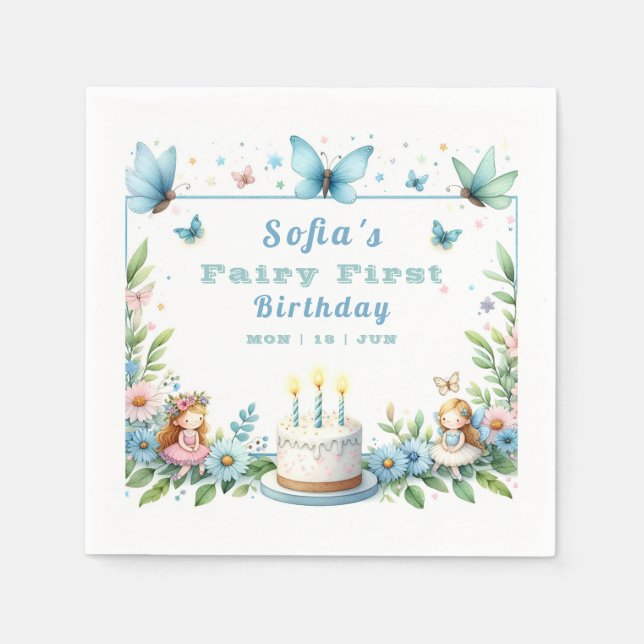Blue Pastel Butterfly Fairy First Birthday - Napkin (Front)