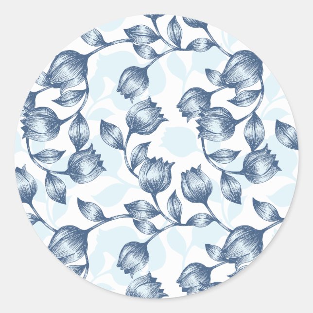 Blue Pastel Elegance: Tulip Silhouette Floral Patt Classic Round Sticker (Front)