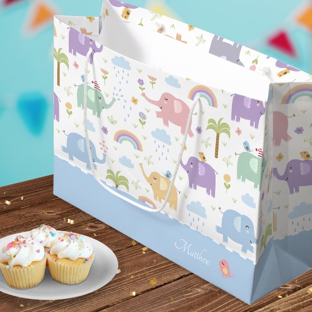 Blue Pastel Elephant Pattern for Little Boy Party Large Gift Bag (Creator Uploaded)