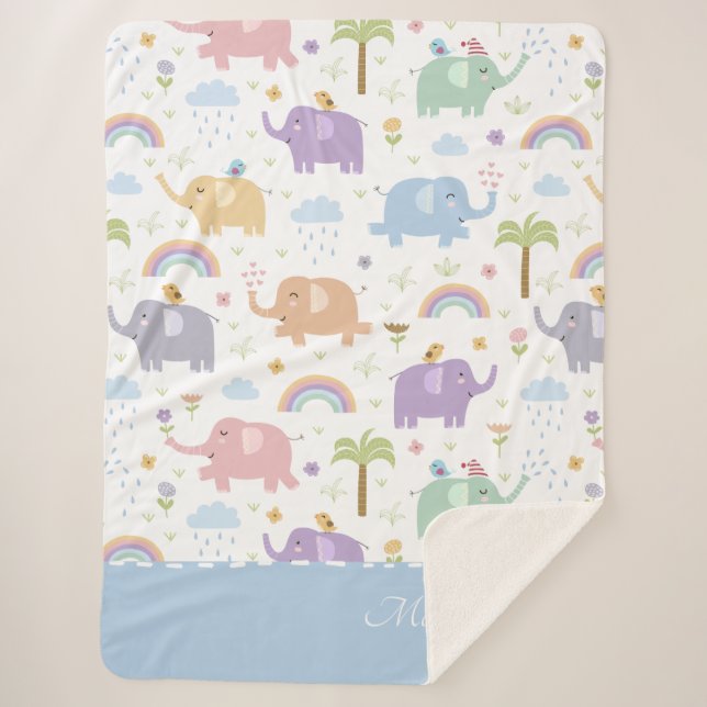 Blue Pastel Elephant Pattern for Little Boy Sherpa Blanket (Front)