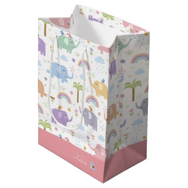Blue Pastel Elephant Pattern for Little Girl Party Medium Gift Bag (Front Angled)