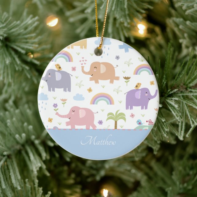 Blue Pastel Elephant Pattern Little Boy Christmas Ceramic Ornament (Tree)