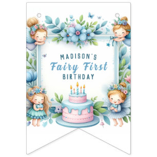 Blue Pastel Floral Fairy First Birthday - Bunting Flags