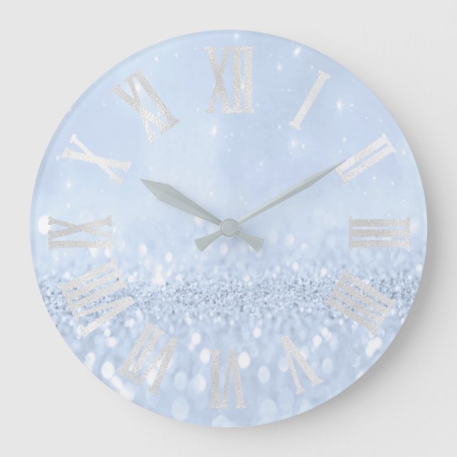 Blue Pastel Glitter Grey Grey Silver Roman Numbers Large Clock (Front)