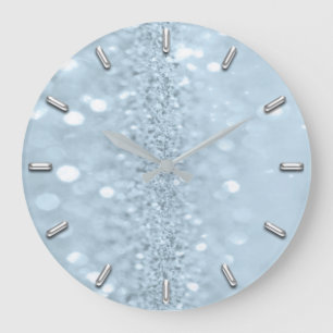 Blue Pastel Glitter Grey Metal Abstract Spark Large Clock