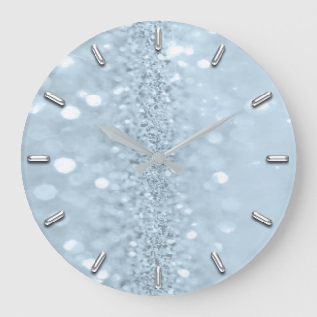 Blue Pastel Glitter Grey Metal Abstract Spark Large Clock (Front)