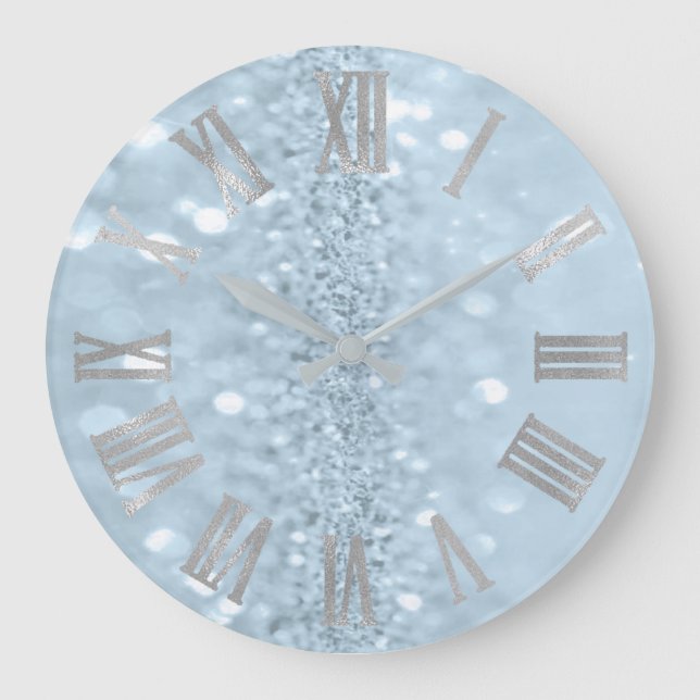 Blue Pastel Glitter Grey Metal Roman Numbers Large Clock (Front)