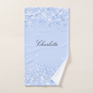 Blue pastel glitter name glamourous bath towel set