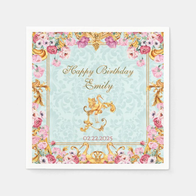 Blue Pastel Gold Baroque Rococo Happy Birthday Napkin (Front)