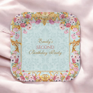Blue Pastel Gold Second Baroque Rococo Birthday Paper Plate