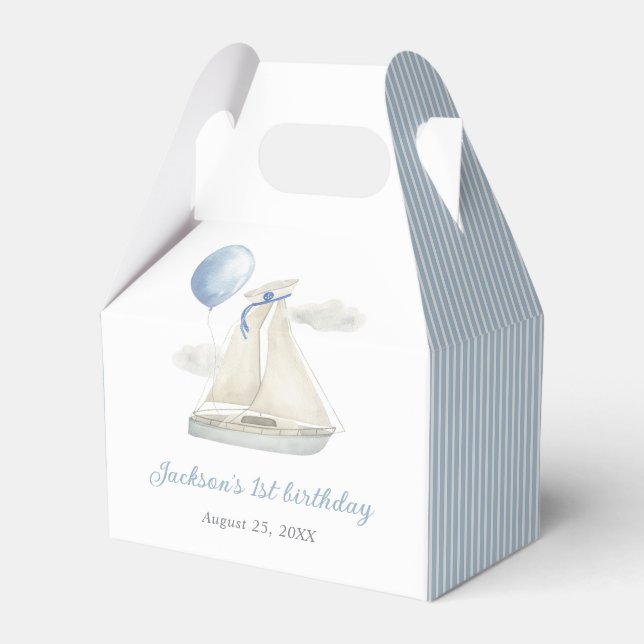 Blue Pastel Nautical Sail Boat 1st Birthday Favor Box (Front Side)
