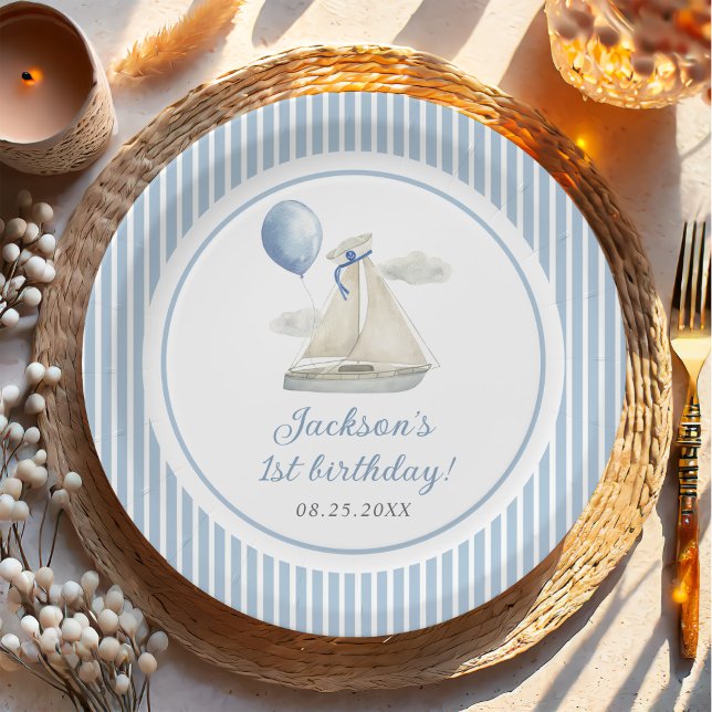 Blue Pastel Nautical Sail Boat 1st Birthday Paper Plate (Creator Uploaded)