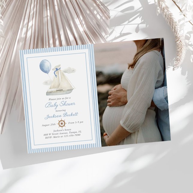 Blue Pastel Nautical Sail Boat Baby Shower Photo Invitation (Creator Uploaded)
