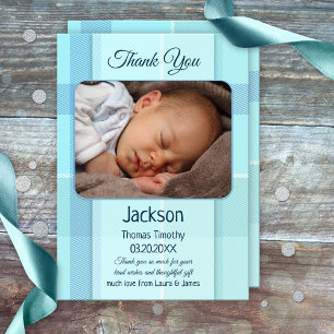 Blue Pastel Plaid Baby Photo Carte de remerciement