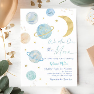 Blue Pastel Space Baby Shower Over Moon Invitation