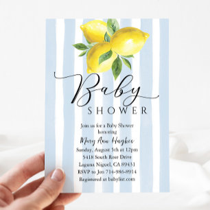 Blue Pastel Stripes Lemon Baby Shower Invitation