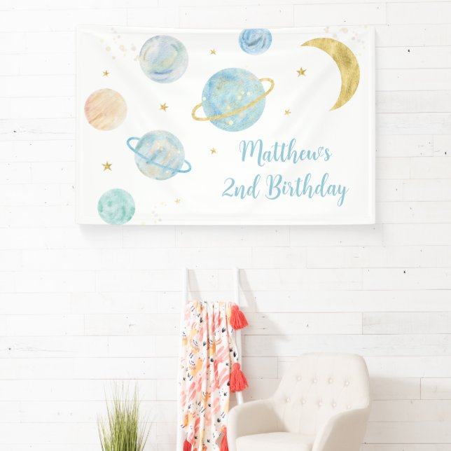 Blue Pastel Two the Moon Space Birthday Banner (Insitu)