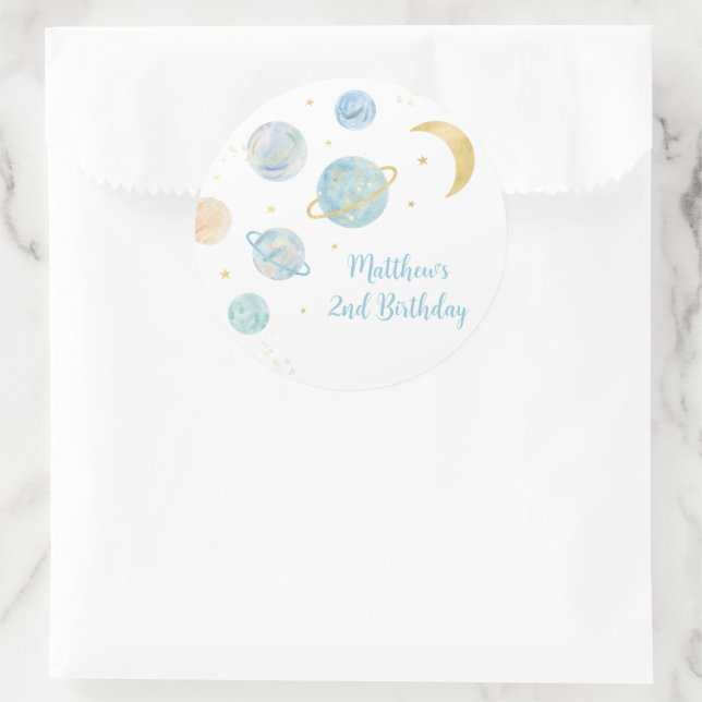Blue Pastel Two the Moon Space Birthday Favour Classic Round Sticker (Bag)
